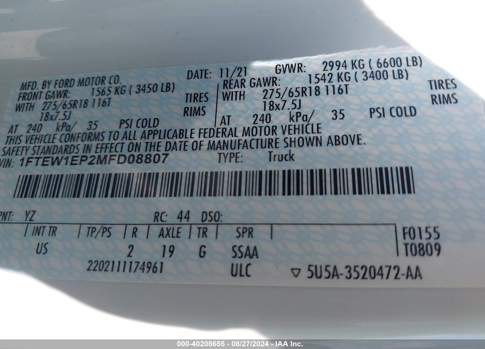 2021 FORD F-150 XLT VIN: 1FTEW1EP2MFD08807