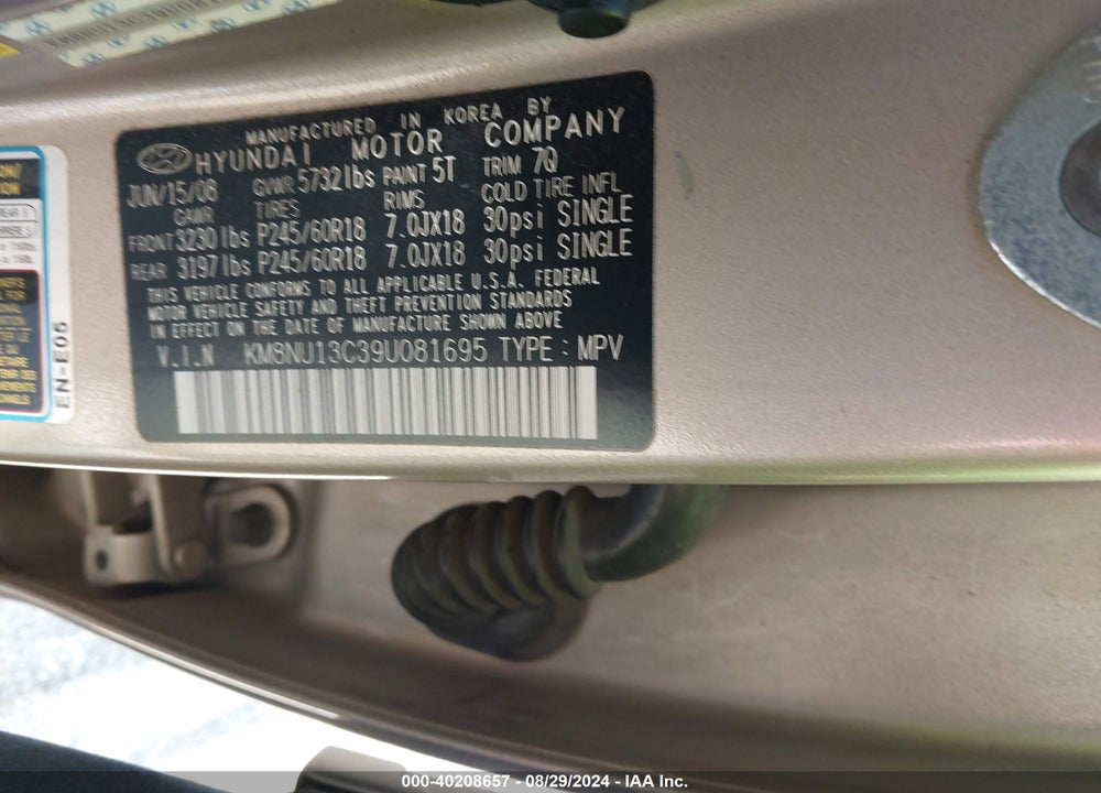 2009 HYUNDAI VERACRUZ LIMITED VIN: KM8NU13C39U081695