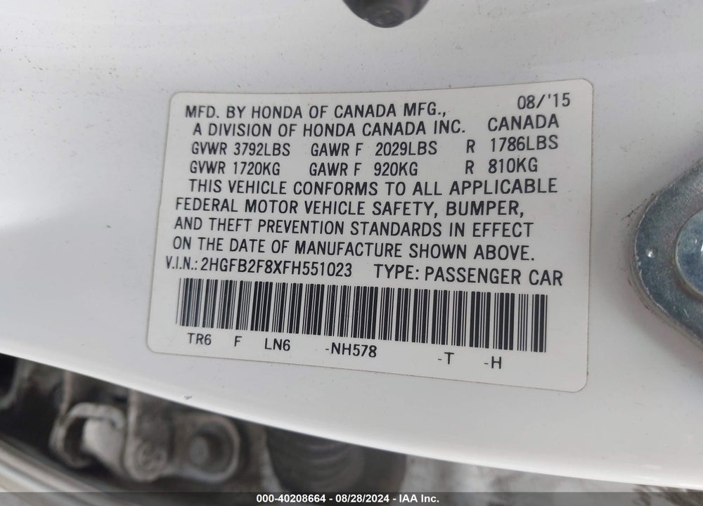 2015 HONDA CIVIC EX VIN: 2HGFB2F8XFH551023