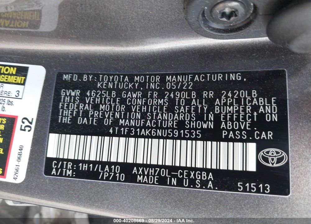 2022 TOYOTA CAMRY XLE HYBRID VIN: 4T1F31AK6NU591535