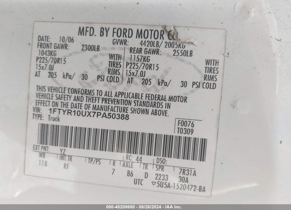 2007 FORD RANGER SPORT/STX/XL/XLT VIN: 1FTYR10UX7PA50388