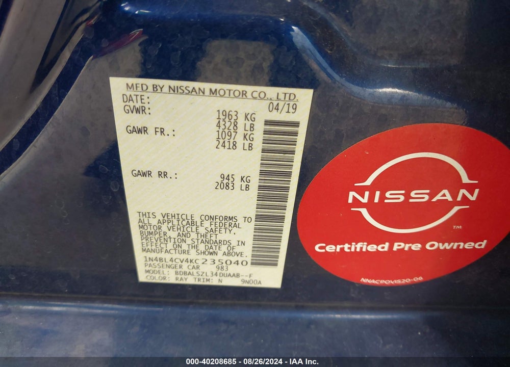 2019 NISSAN ALTIMA 2.5 SR VIN: 1N4BL4CV4KC235040