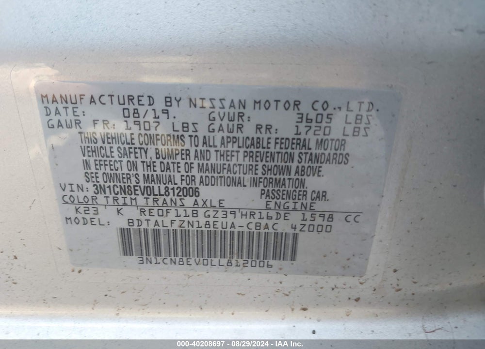 2020 NISSAN VERSA SV XTRONIC CVT VIN: 3N1CN8EV0LL812006