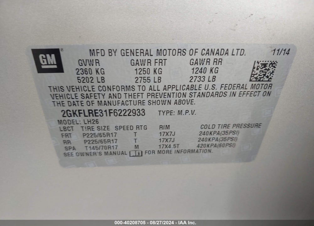 2015 GMC TERRAIN SLE-2 VIN: 2GKFLRE31F6222933