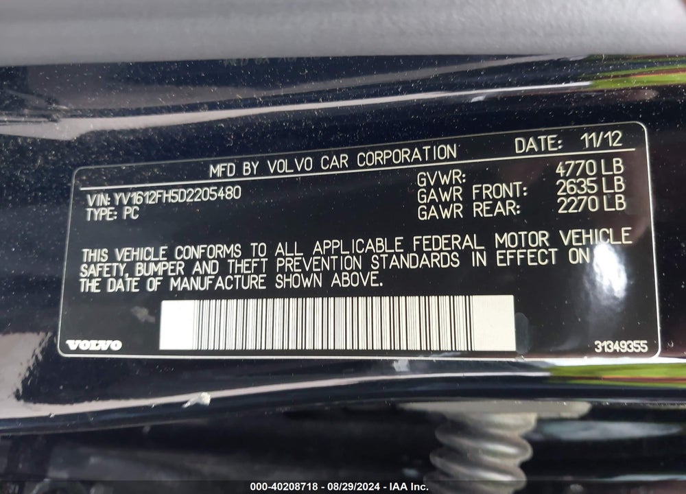 2013 VOLVO S60 T5/T5 PLATINUM/T5 PREMIER/T5 PREMIER PLUS VIN: YV1612FH5D2205480