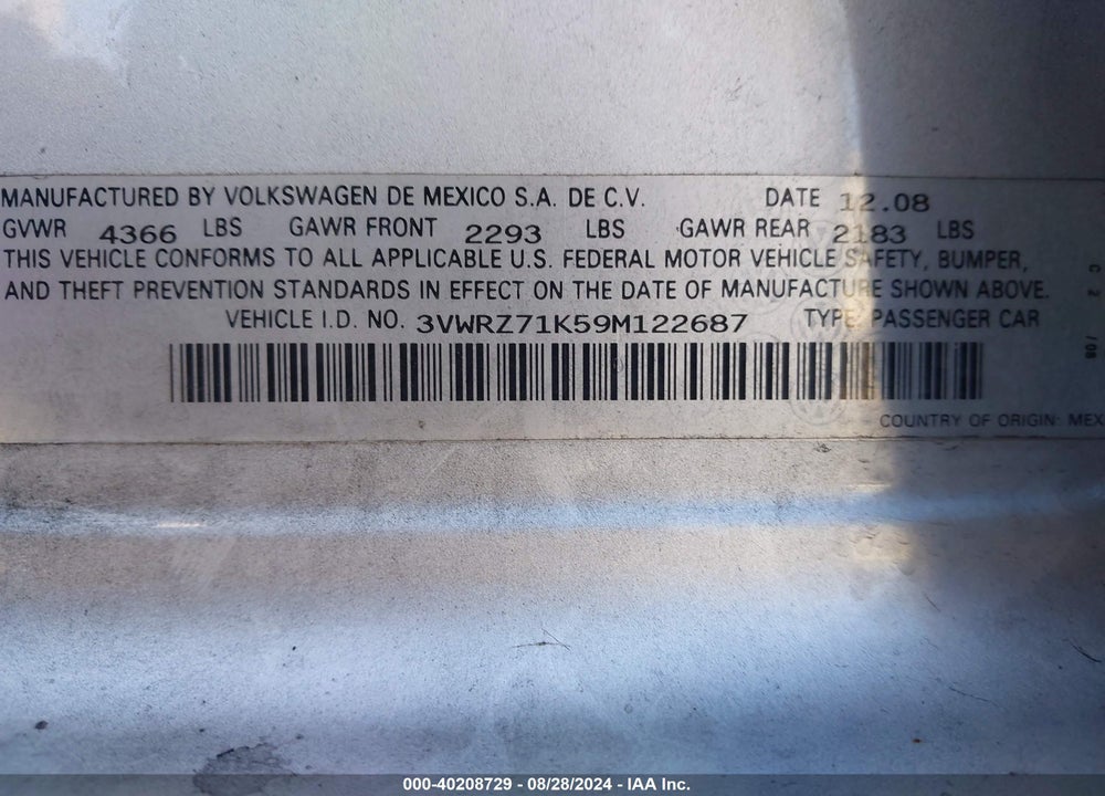 2009 VOLKSWAGEN JETTA VIN: 3VWRZ71K59M122687
