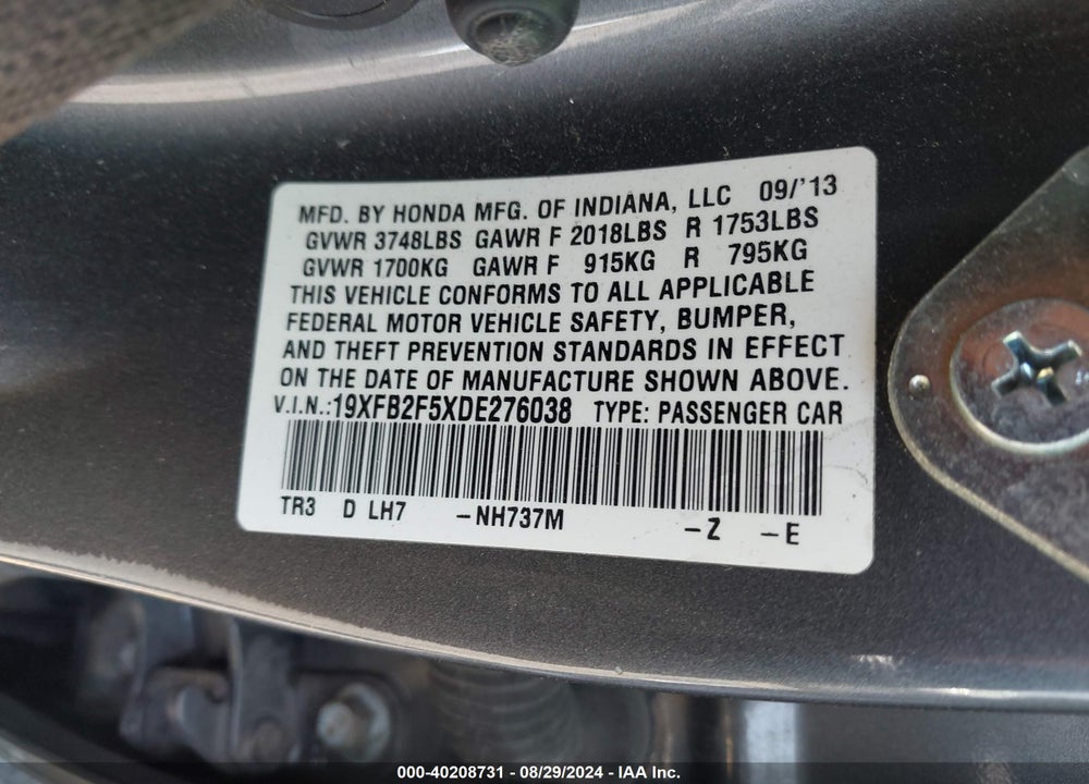 2013 HONDA CIVIC LX VIN: 19XFB2F5XDE276038