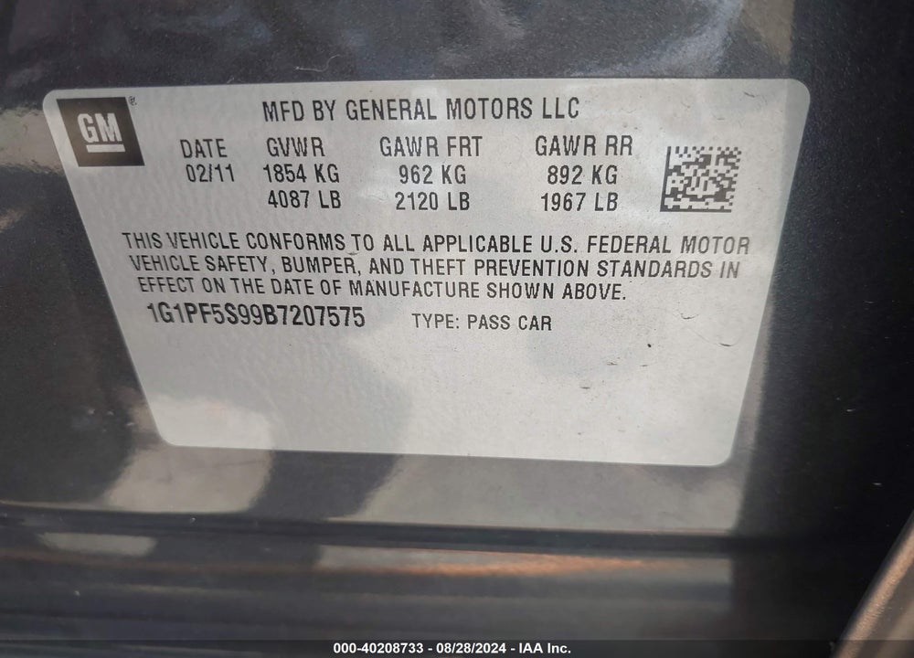 2011 CHEVROLET CRUZE 1LT VIN: 1G1PF5S99B7207575