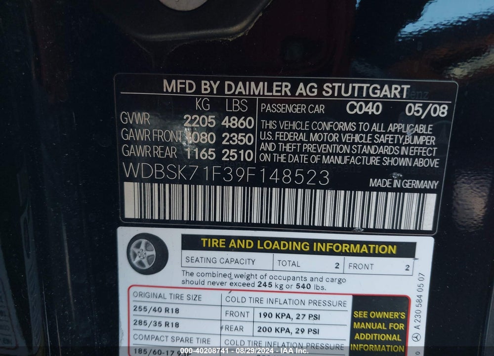 2009 MERCEDES-BENZ SL 550 VIN: WDBSK71F39F148523