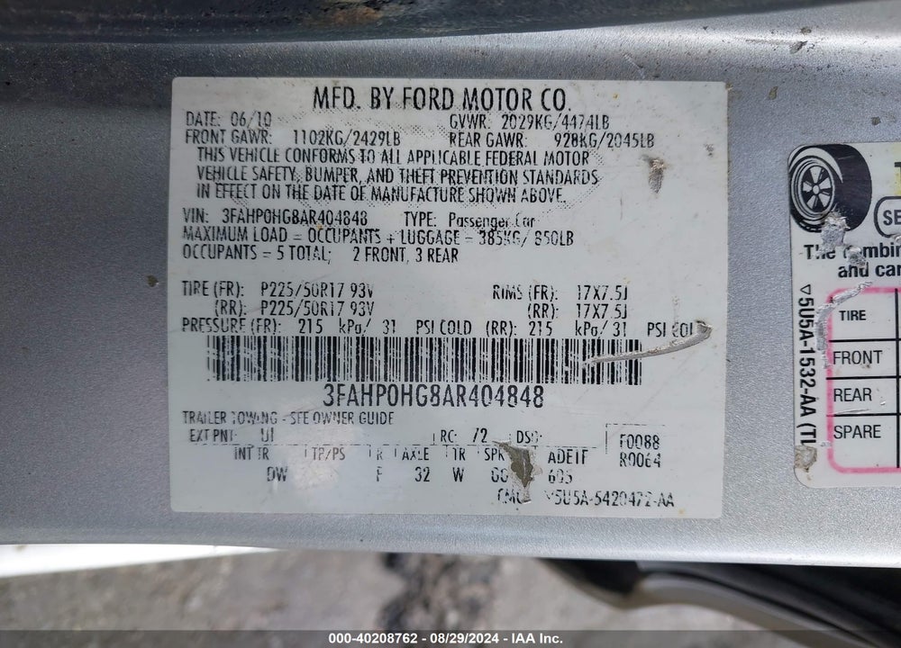 2010 FORD FUSION SE VIN: 3FAHP0HG8AR404848