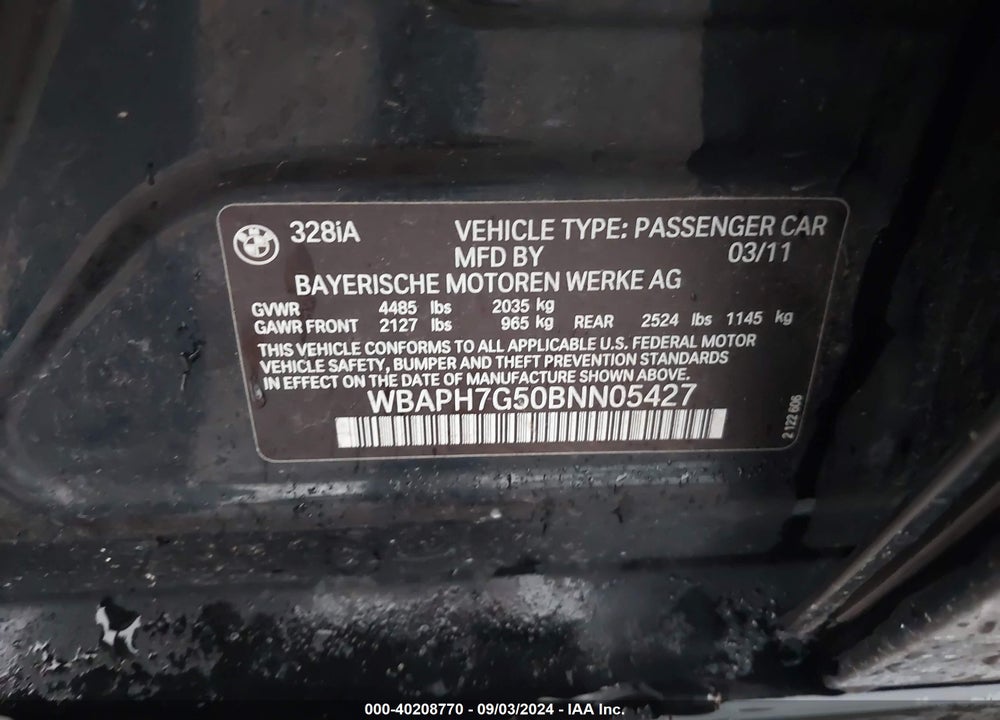 2011 BMW 328I VIN: WBAPH7G50BNN05427