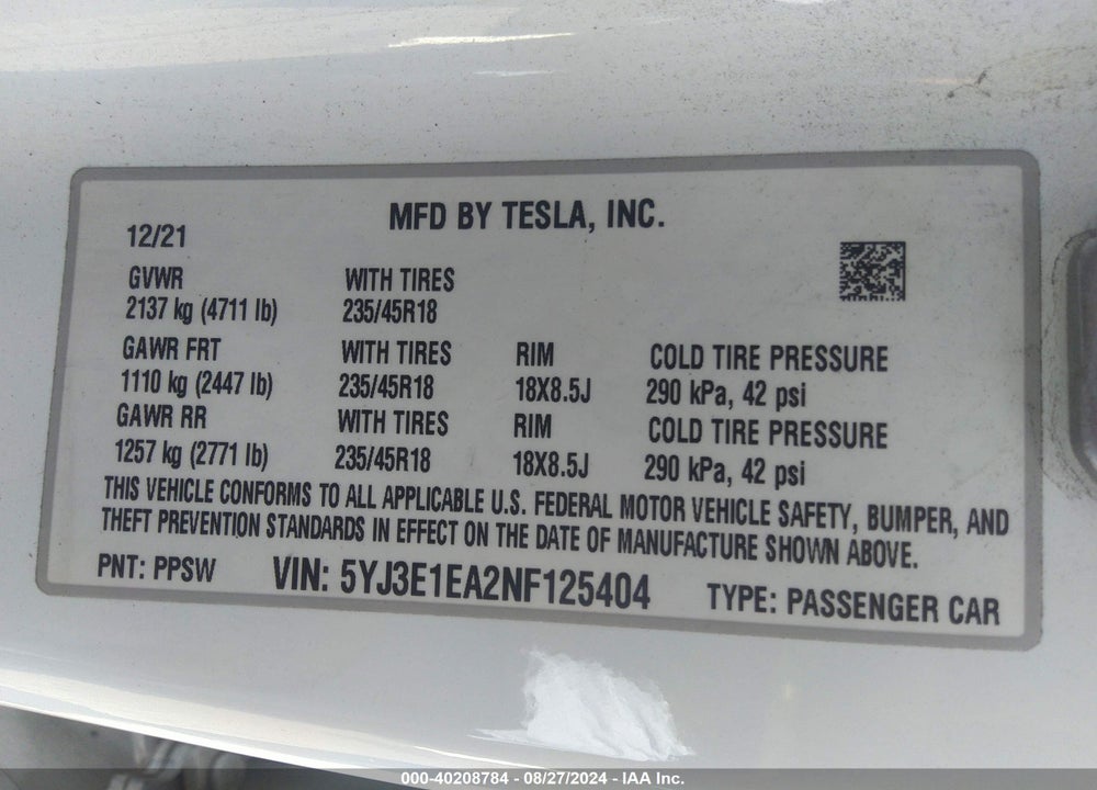 2022 TESLA MODEL 3 REAR-WHEEL DRIVE VIN: 5YJ3E1EA2NF125404