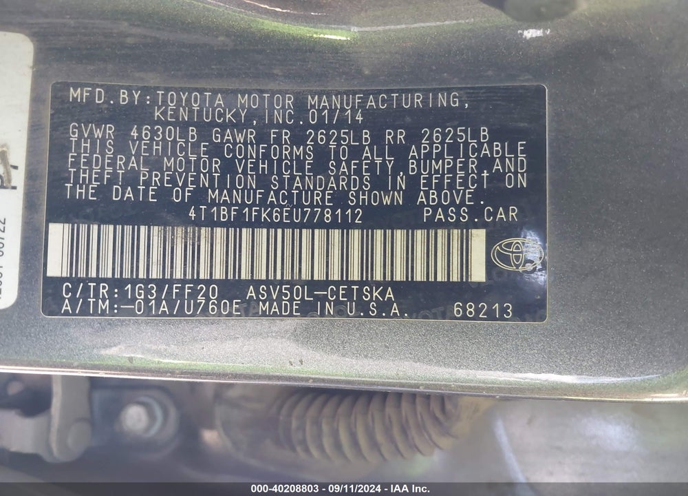 2014 TOYOTA CAMRY SE VIN: 4T1BF1FK6EU778112
