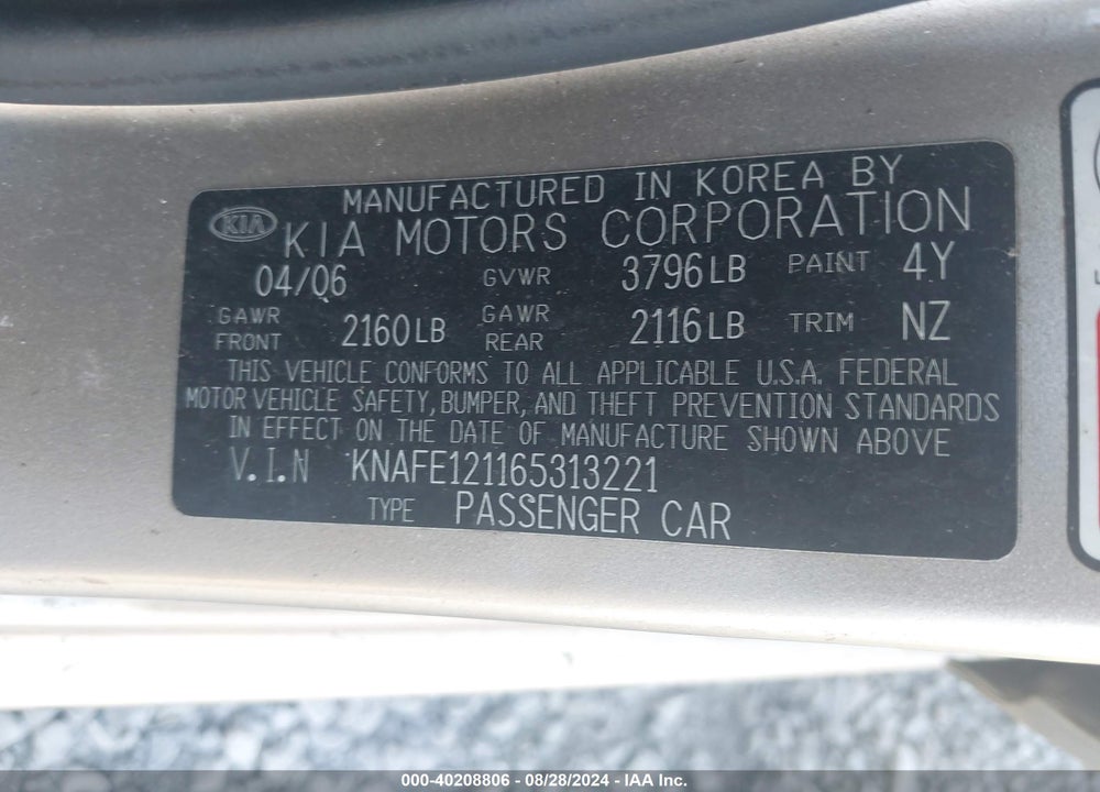 2006 KIA SPECTRA EX/LX/SX VIN: KNAFE121165313221