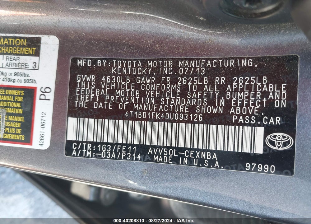 2013 TOYOTA CAMRY HYBRID LE VIN: 4T1BD1FK4DU093126