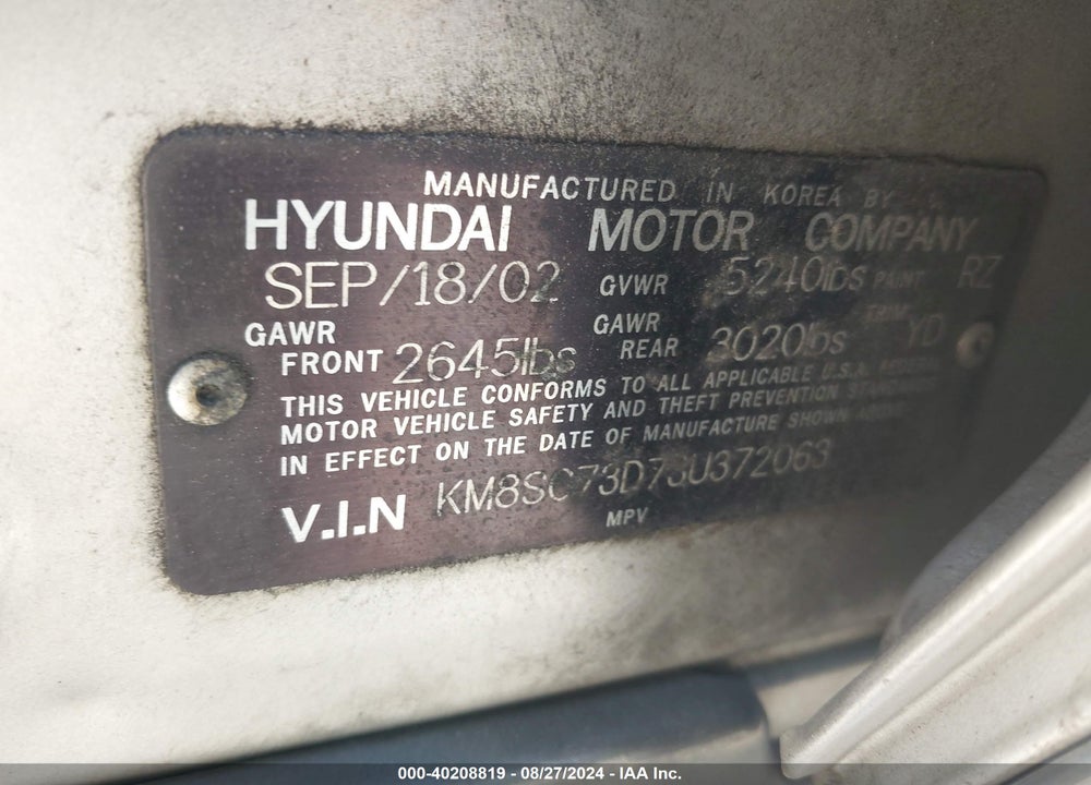 2003 HYUNDAI SANTA FE GLS/LX VIN: KM8SC73D73U372063