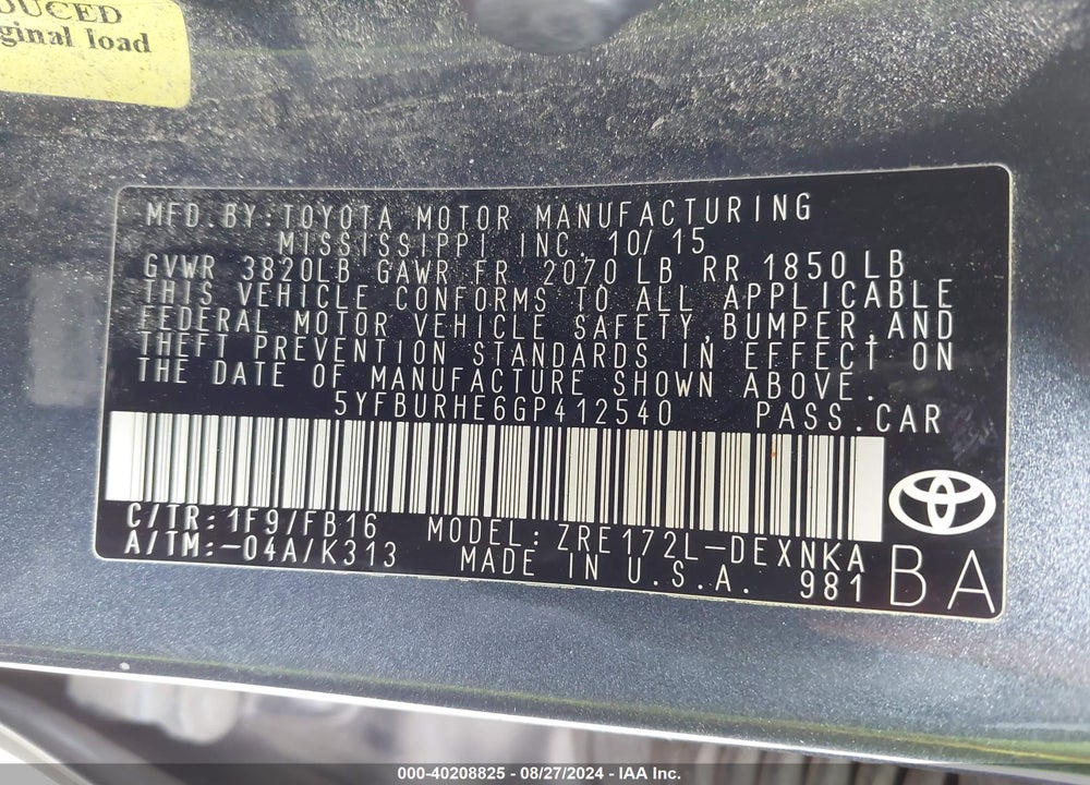 2016 TOYOTA COROLLA LE VIN: 5YFBURHE6GP412540