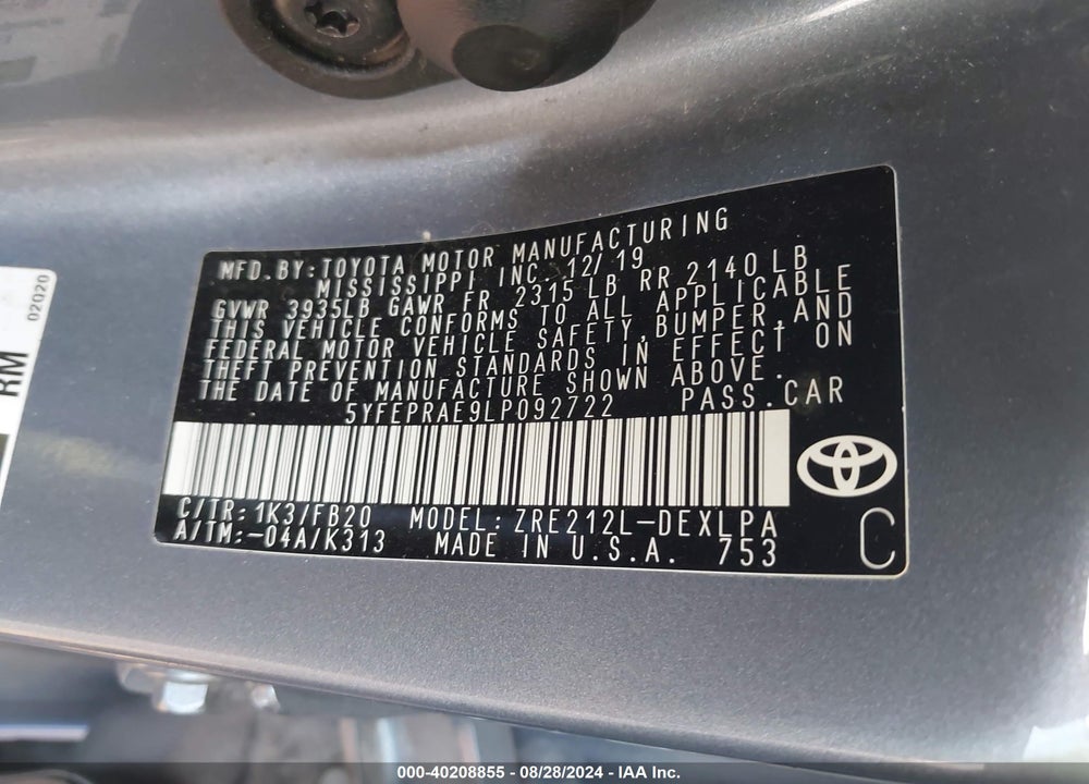 2020 TOYOTA COROLLA LE VIN: 5YFEPRAE9LP092722