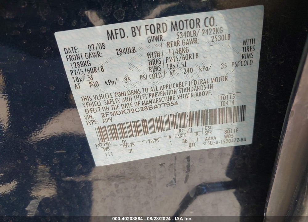2008 FORD EDGE LIMITED VIN: 2FMDK39C28BA77954
