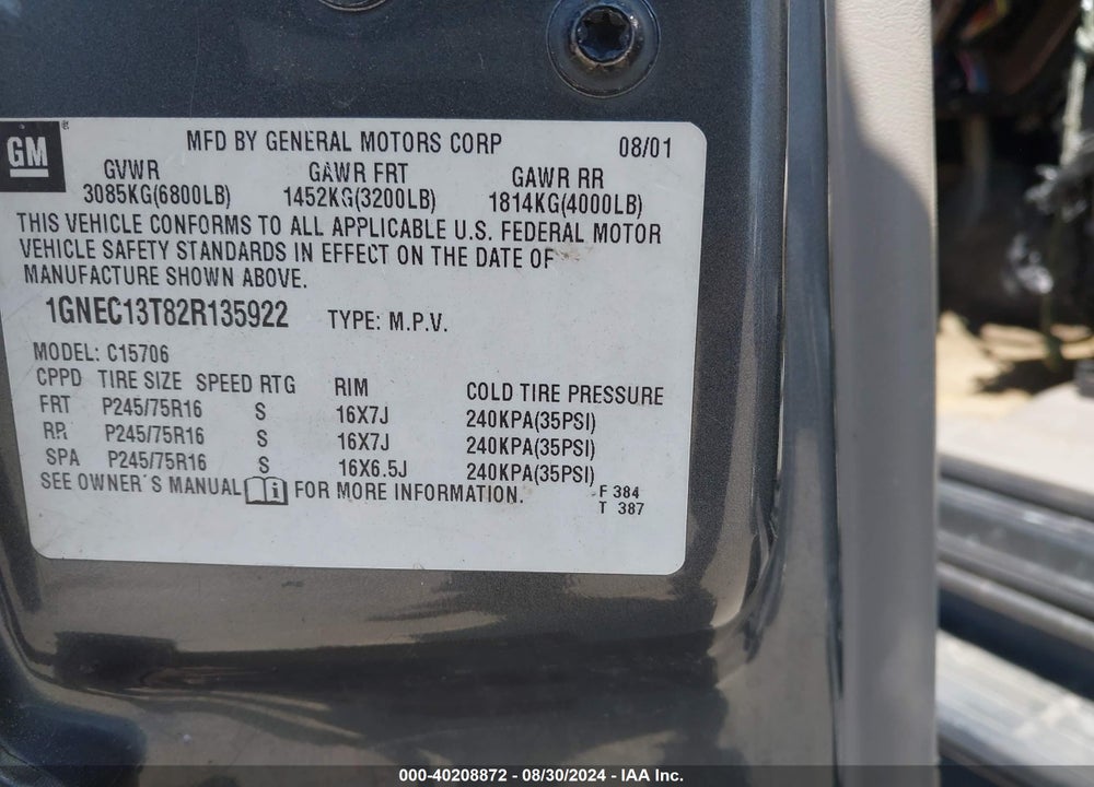 2002 CHEVROLET TAHOE VIN: 1GNEC13T82R135922