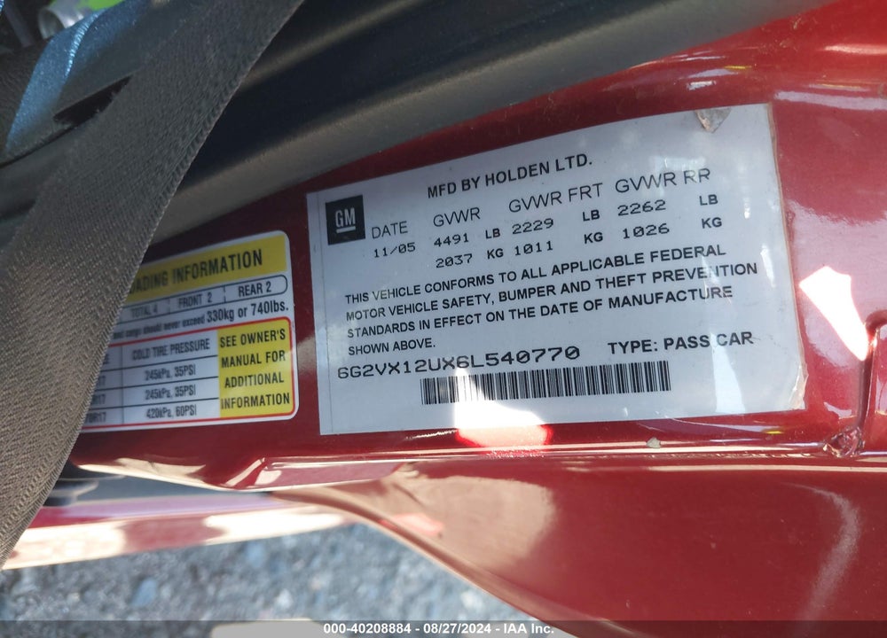 2006 PONTIAC GTO VIN: 6G2VX12UX6L540770