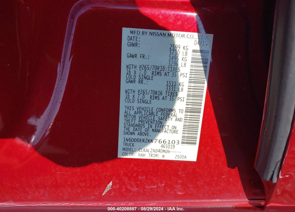 2019 NISSAN FRONTIER SV VIN: 1N6DD0ER2KN766103