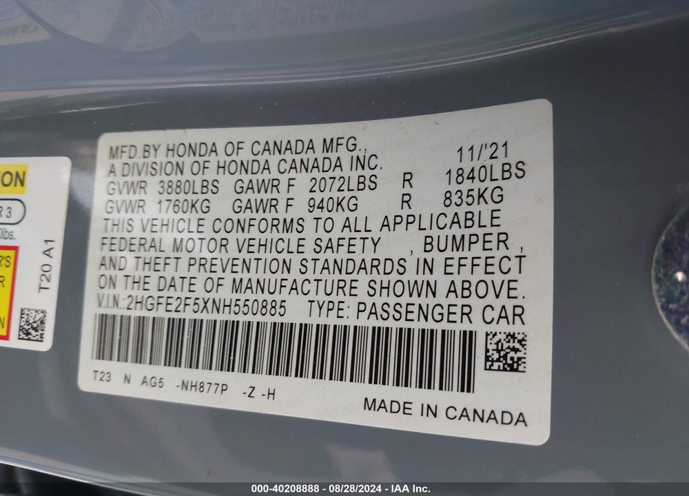 2022 HONDA CIVIC SPORT VIN: 2HGFE2F5XNH550885