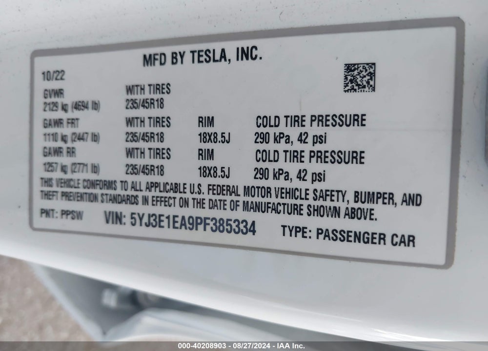 2023 TESLA MODEL 3 REAR-WHEEL DRIVE VIN: 5YJ3E1EA9PF385334