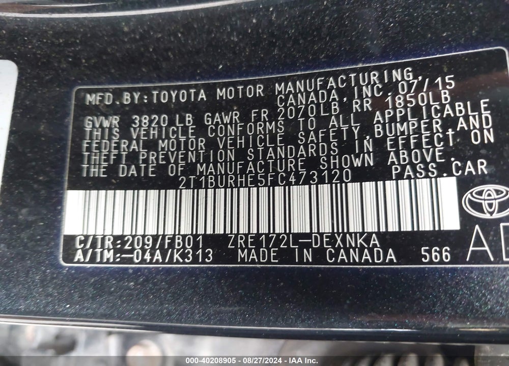 2015 TOYOTA COROLLA LE VIN: 2T1BURHE5FC473120