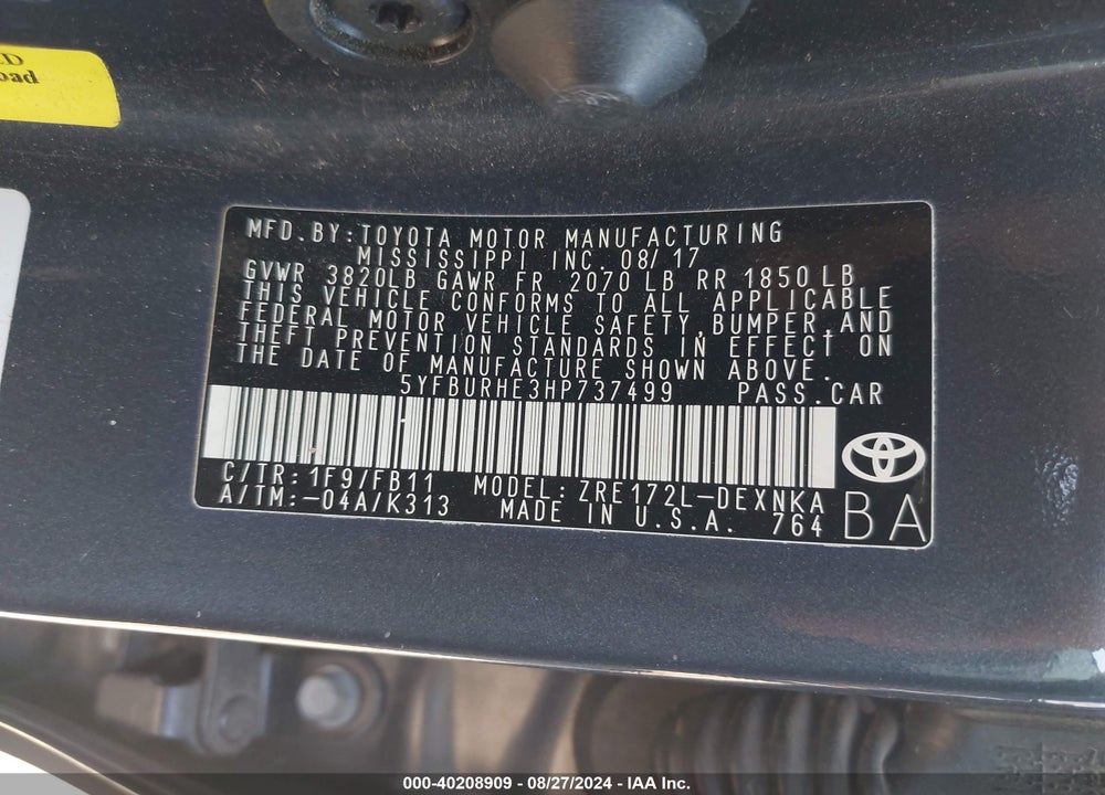 2017 TOYOTA COROLLA LE VIN: 5YFBURHE3HP737499