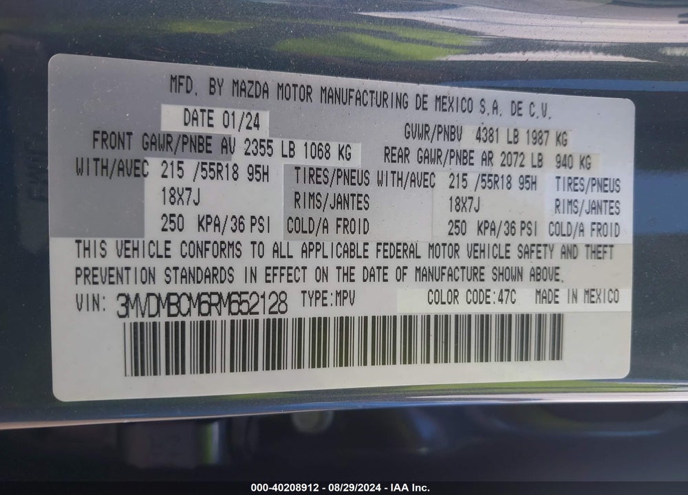 2024 MAZDA CX-30 2.5 S CARBON EDITION VIN: 3MVDMBCM6RM652128