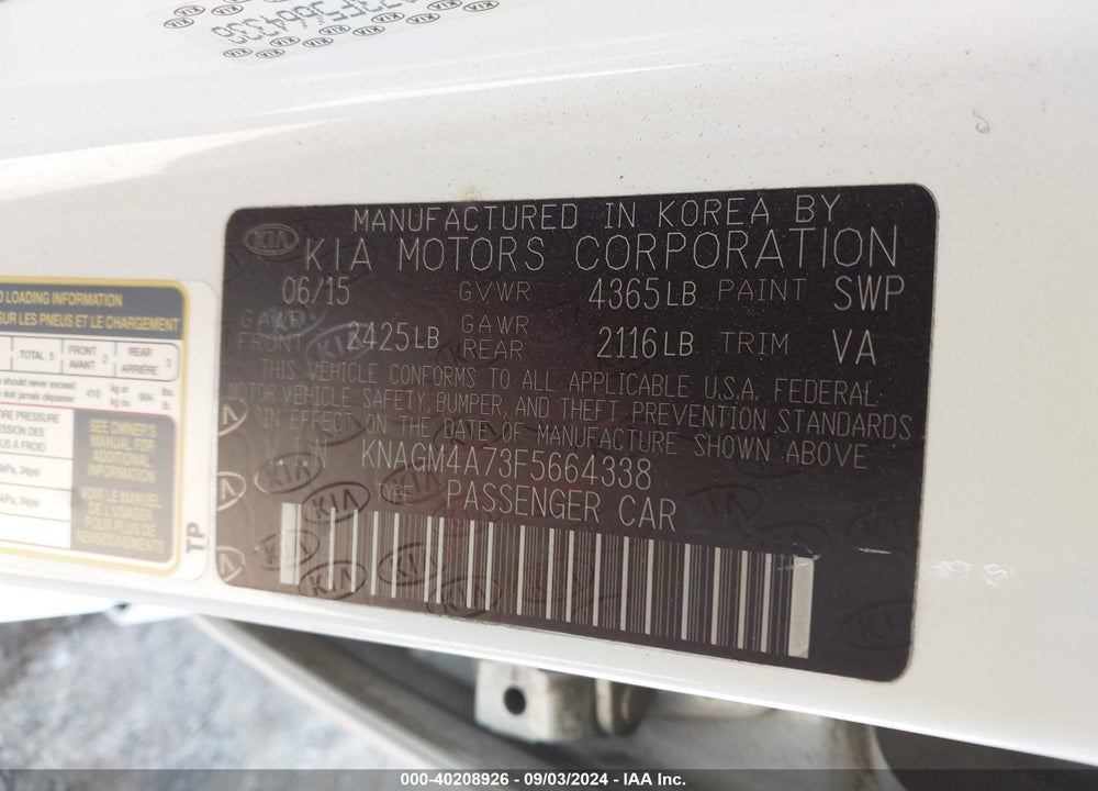 2015 KIA OPTIMA LX VIN: KNAGM4A73F5664338