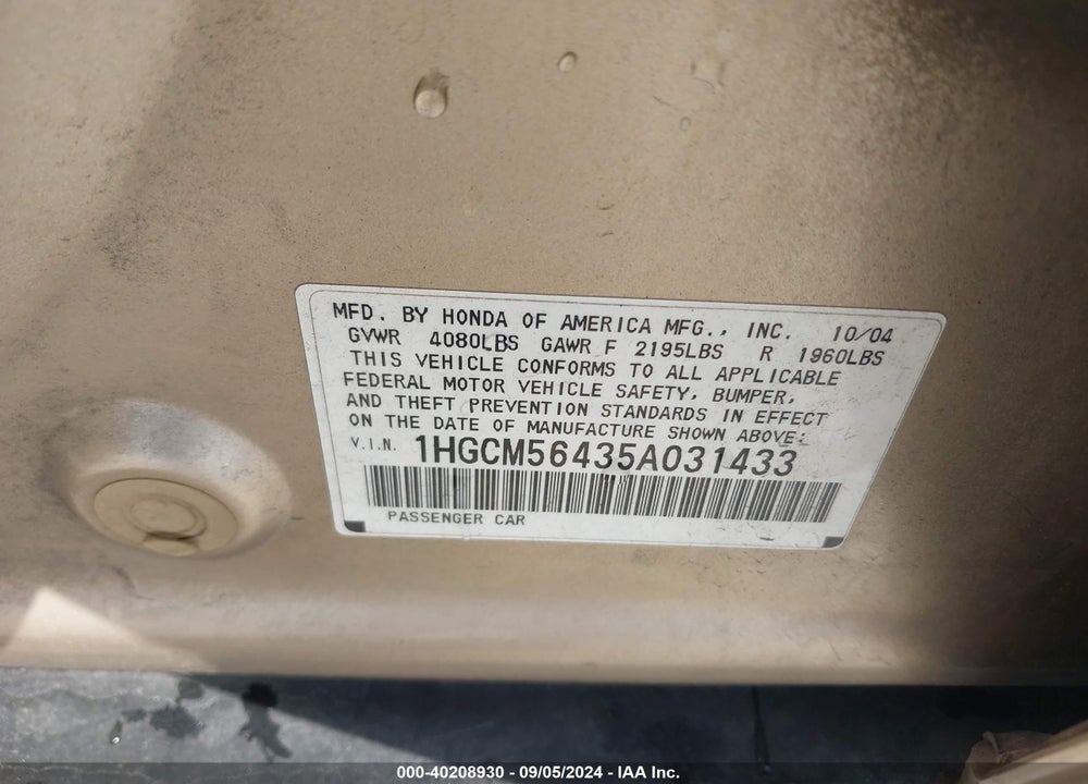 2005 HONDA ACCORD 2.4 LX VIN: 1HGCM56435A031433