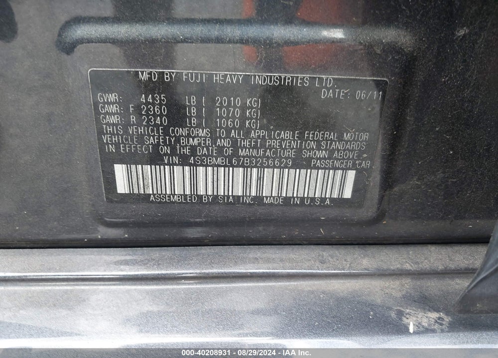 2011 SUBARU LEGACY 2.5I LIMITED VIN: 4S3BMBL67B3256629