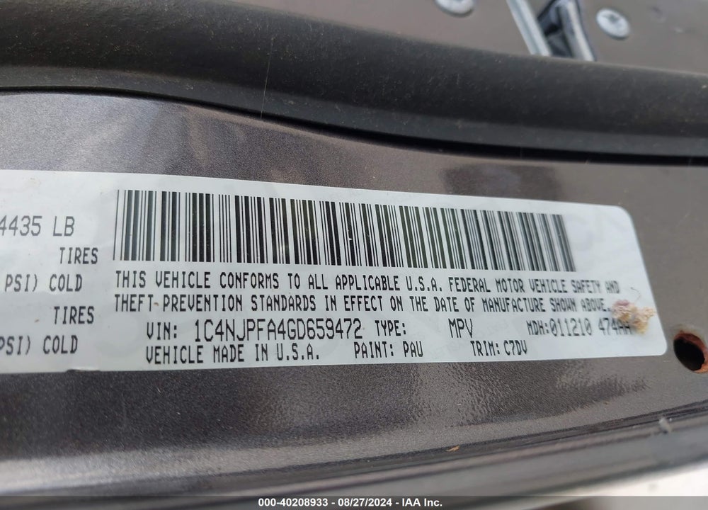 2016 JEEP PATRIOT LATITUDE VIN: 1C4NJPFA4GD659472