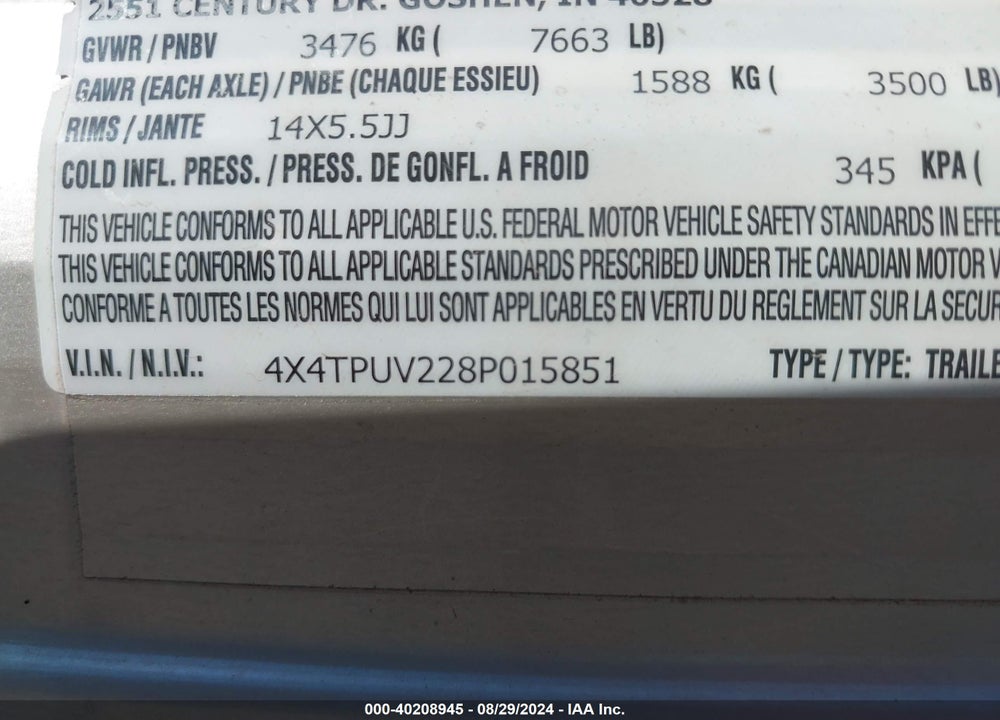 2008 PALOMINO OTHER VIN: 4X4TPUV228P015851