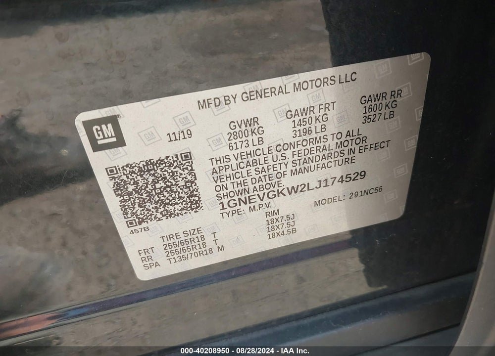 2020 CHEVROLET TRAVERSE AWD LT CLOTH VIN: 1GNEVGKW2LJ174529