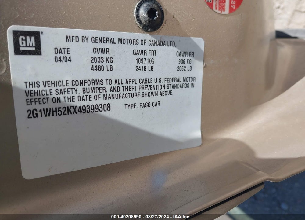 2004 CHEVROLET IMPALA LS VIN: 2G1WH52KX49399308