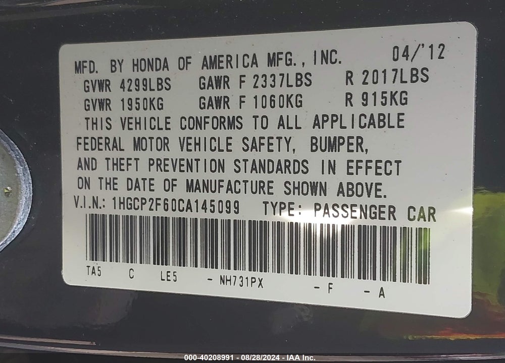 2012 HONDA ACCORD 2.4 SE VIN: 1HGCP2F60CA145099