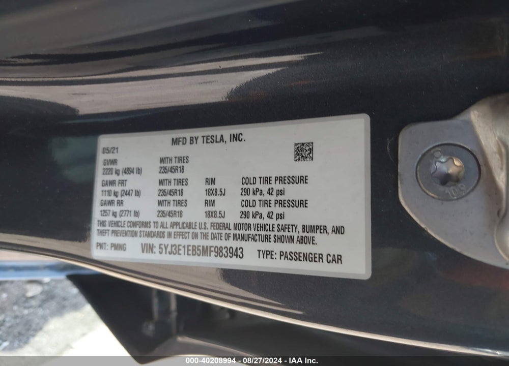2021 TESLA MODEL 3 LONG RANGE DUAL MOTOR ALL-WHEEL DRIVE VIN: 5YJ3E1EB5MF983943