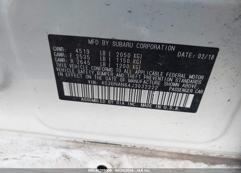 2018 SUBARU LEGACY 2.5I LIMITED VIN: 4S3BNAN64J3032222