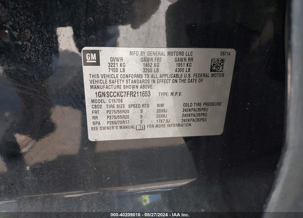 2015 CHEVROLET TAHOE LTZ VIN: 1GNSCCKC7FR211653