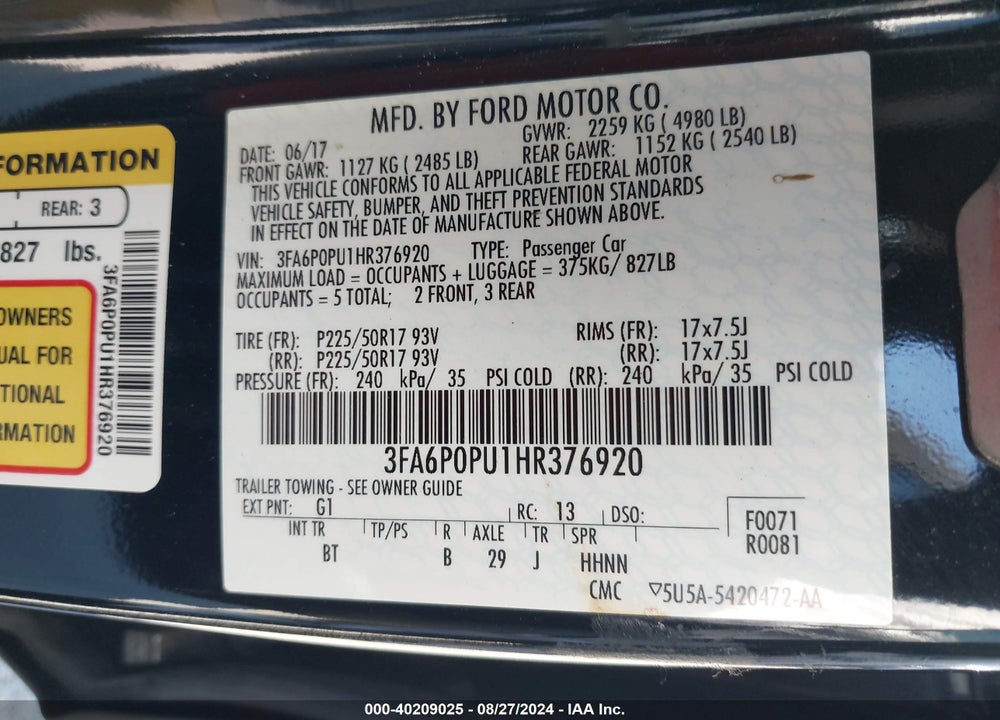 2017 FORD FUSION ENERGI SE LUXURY VIN: 3FA6P0PU1HR376920