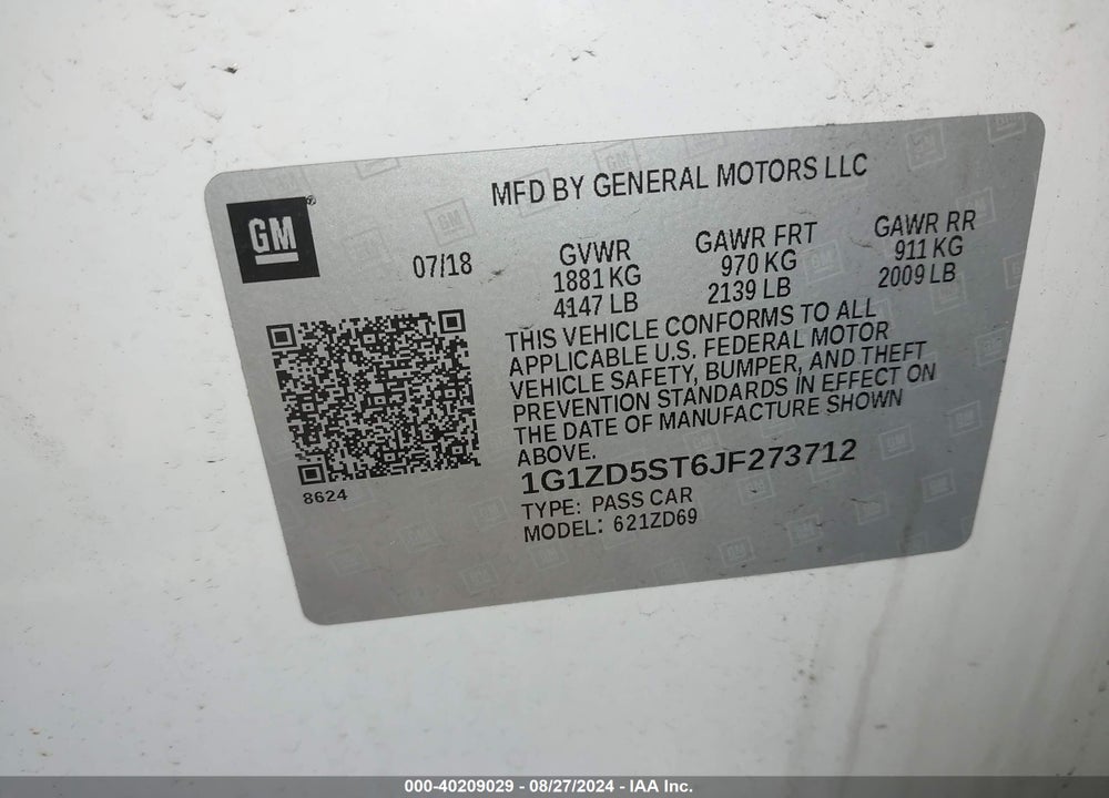 2018 CHEVROLET MALIBU LT VIN: 1G1ZD5ST6JF273712