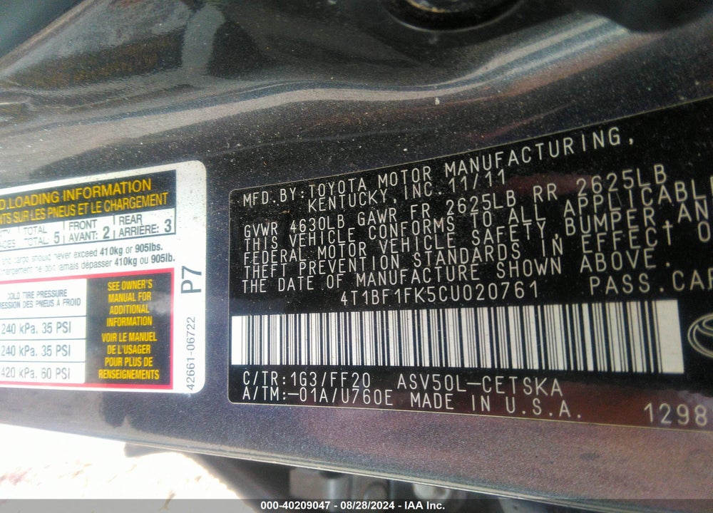 2012 TOYOTA CAMRY SE VIN: 4T1BF1FK5CU020761