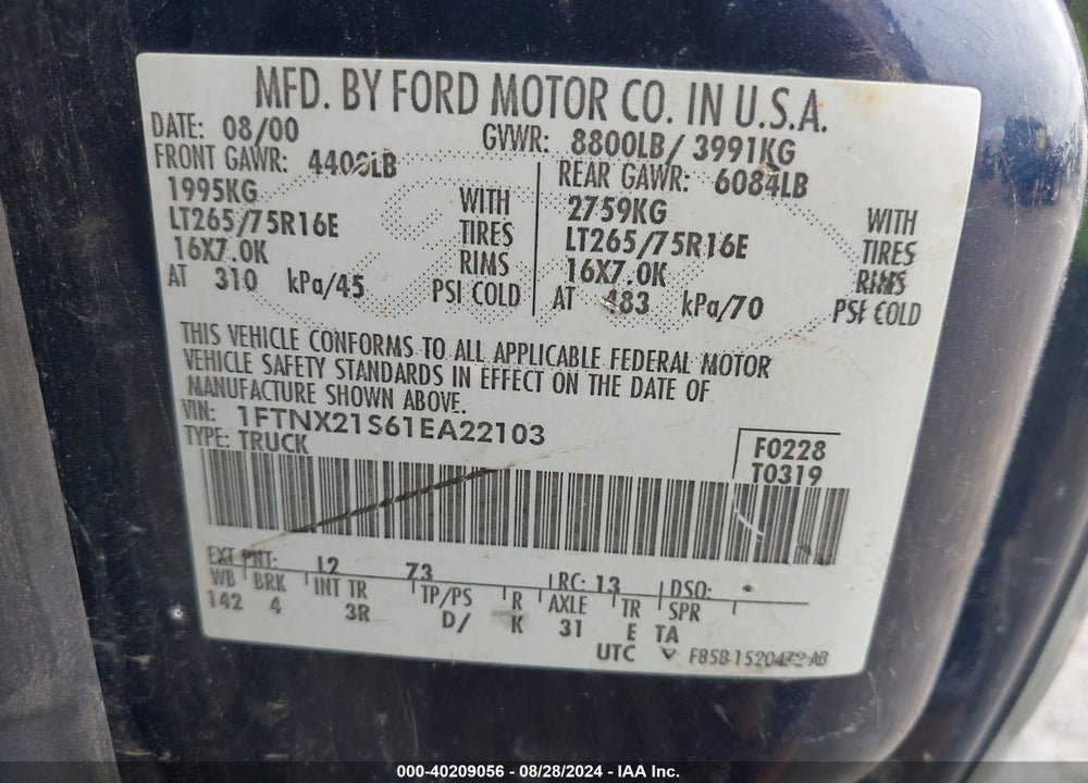 2001 FORD F-250 LARIAT/XL/XLT VIN: 1FTNX21S61EA22103