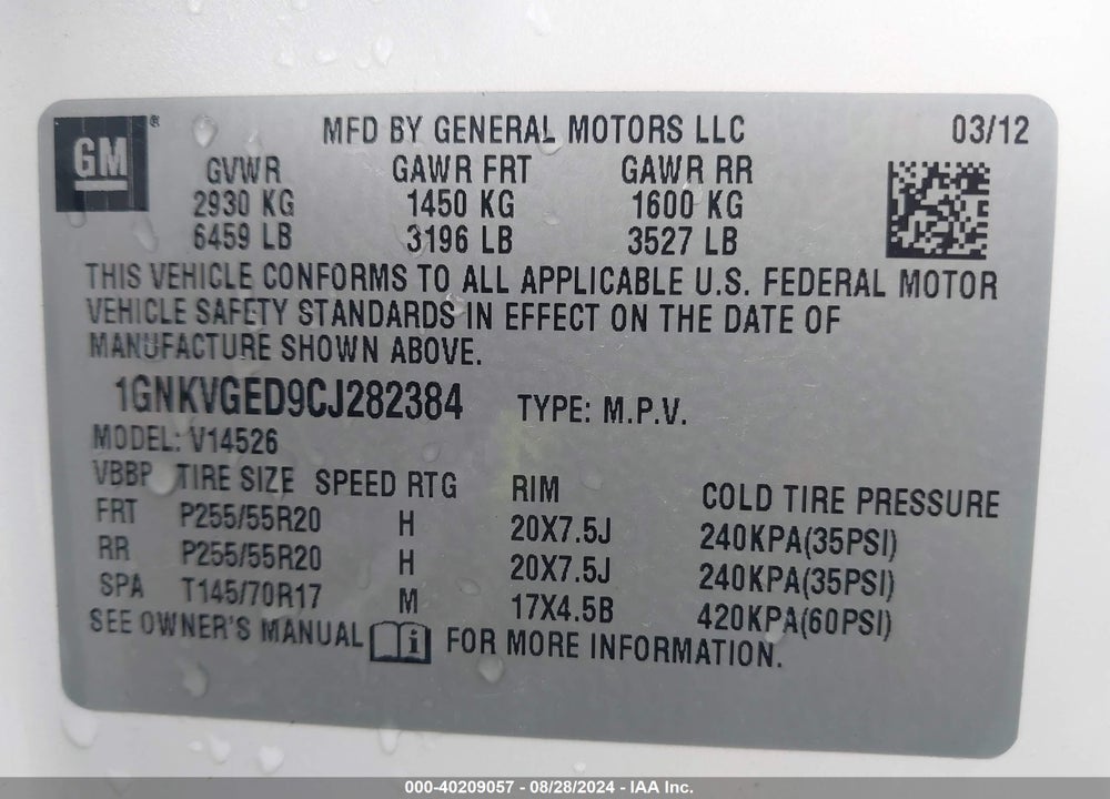 2012 CHEVROLET TRAVERSE 1LT VIN: 1GNKVGED9CJ282384