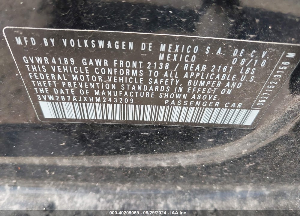2017 VOLKSWAGEN JETTA 1.4T S VIN: 3VW2B7AJXHM243209