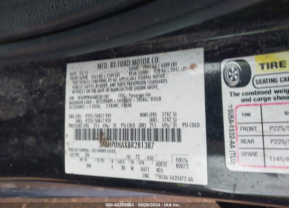 2011 FORD FUSION SE VIN: 3FAHP0HAXBR281387