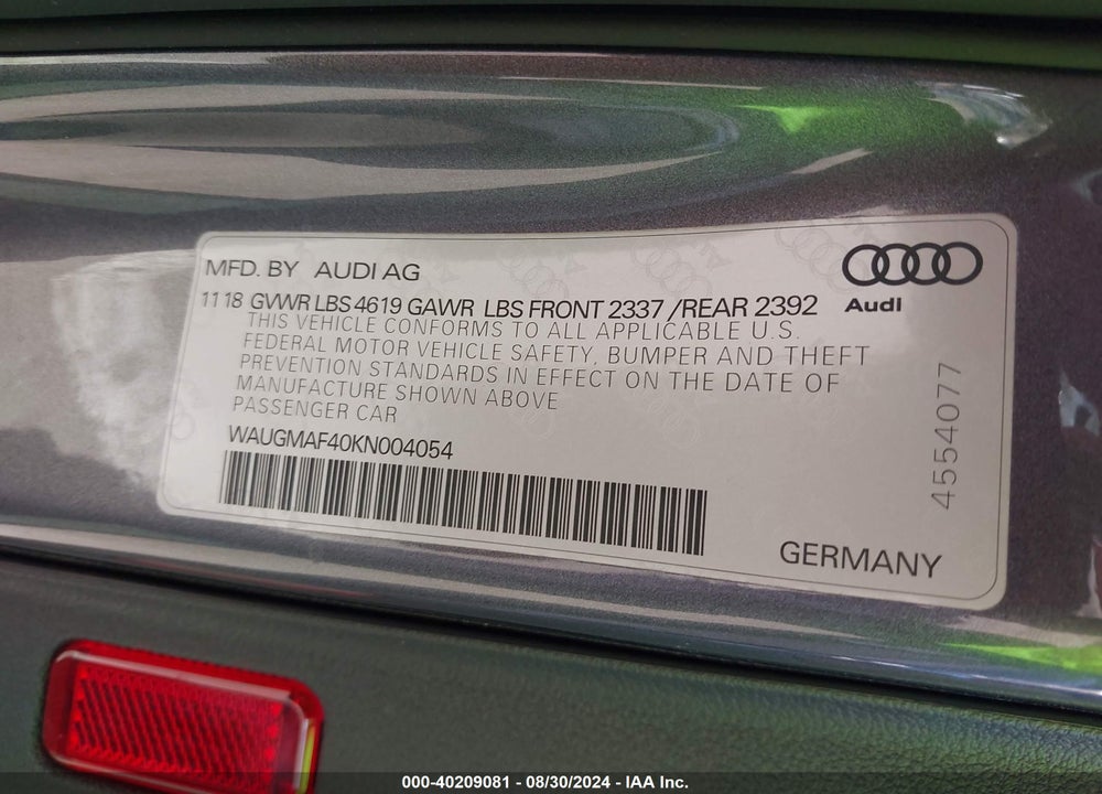 2019 AUDI A4 40 PREMIUM/40 TITANIUM PREMIUM VIN: WAUGMAF40KN004054